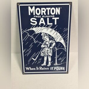 Vintage Ande Rooney Morton's Salt Advertisement Sign 8" x 12" 1980s Metal W/ Tag